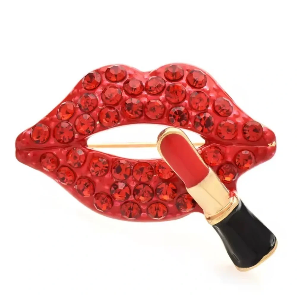 Red Crystal Lips Lipstick Brooch